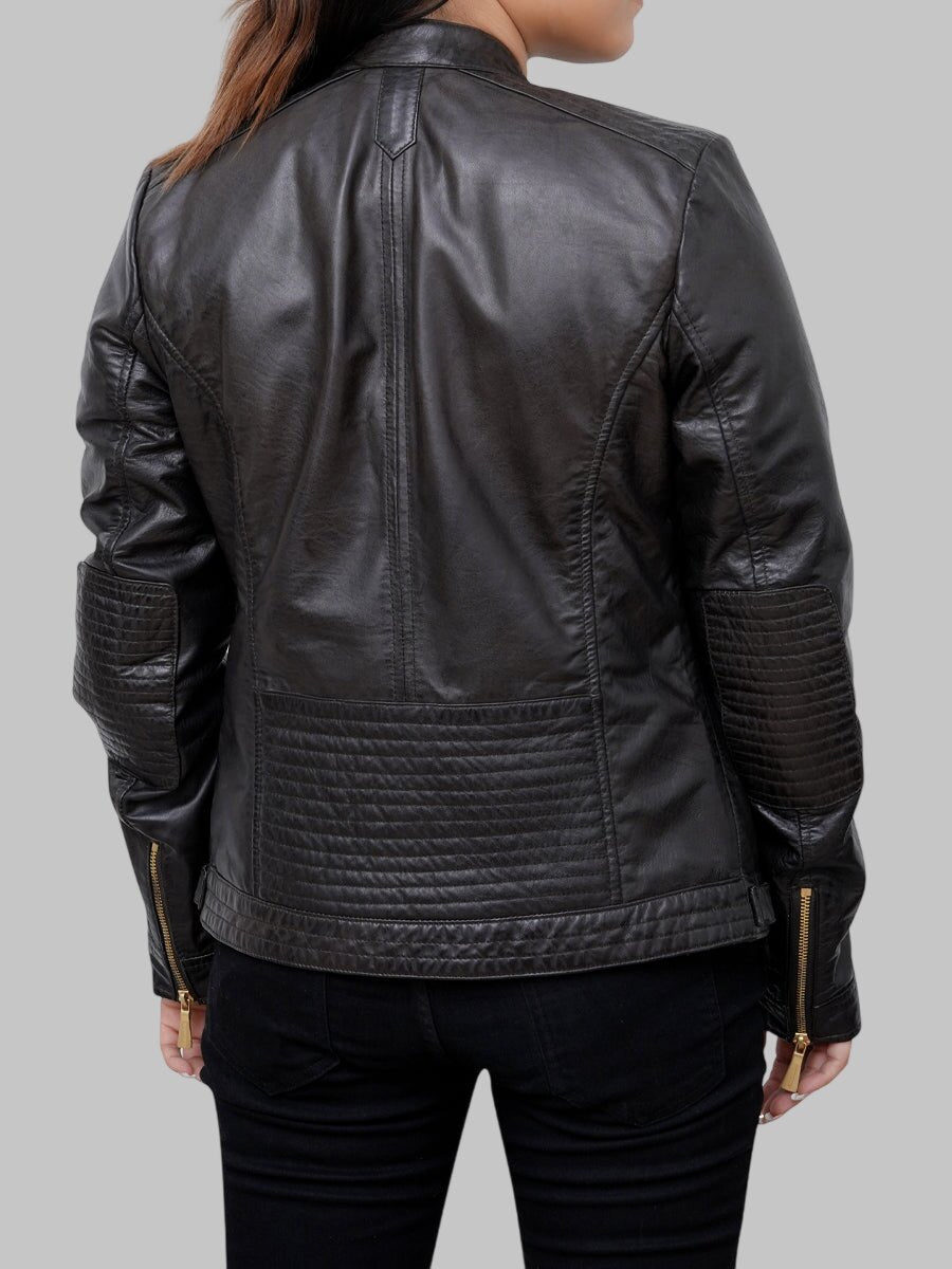 Women Black Leather Biker Jacket with Gold Tone Zippers