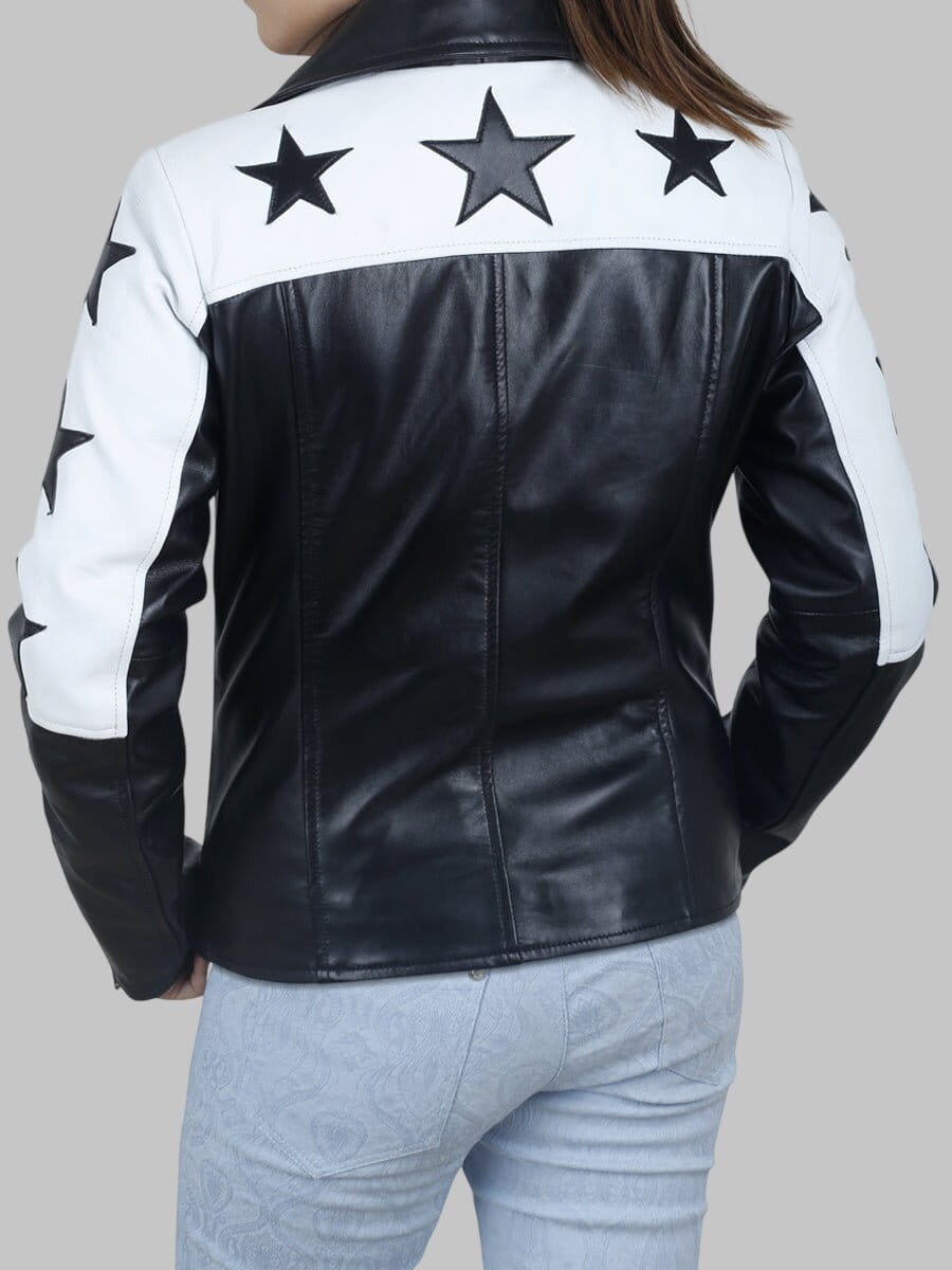 Women Black Leather Biker Jacket with Star Patches