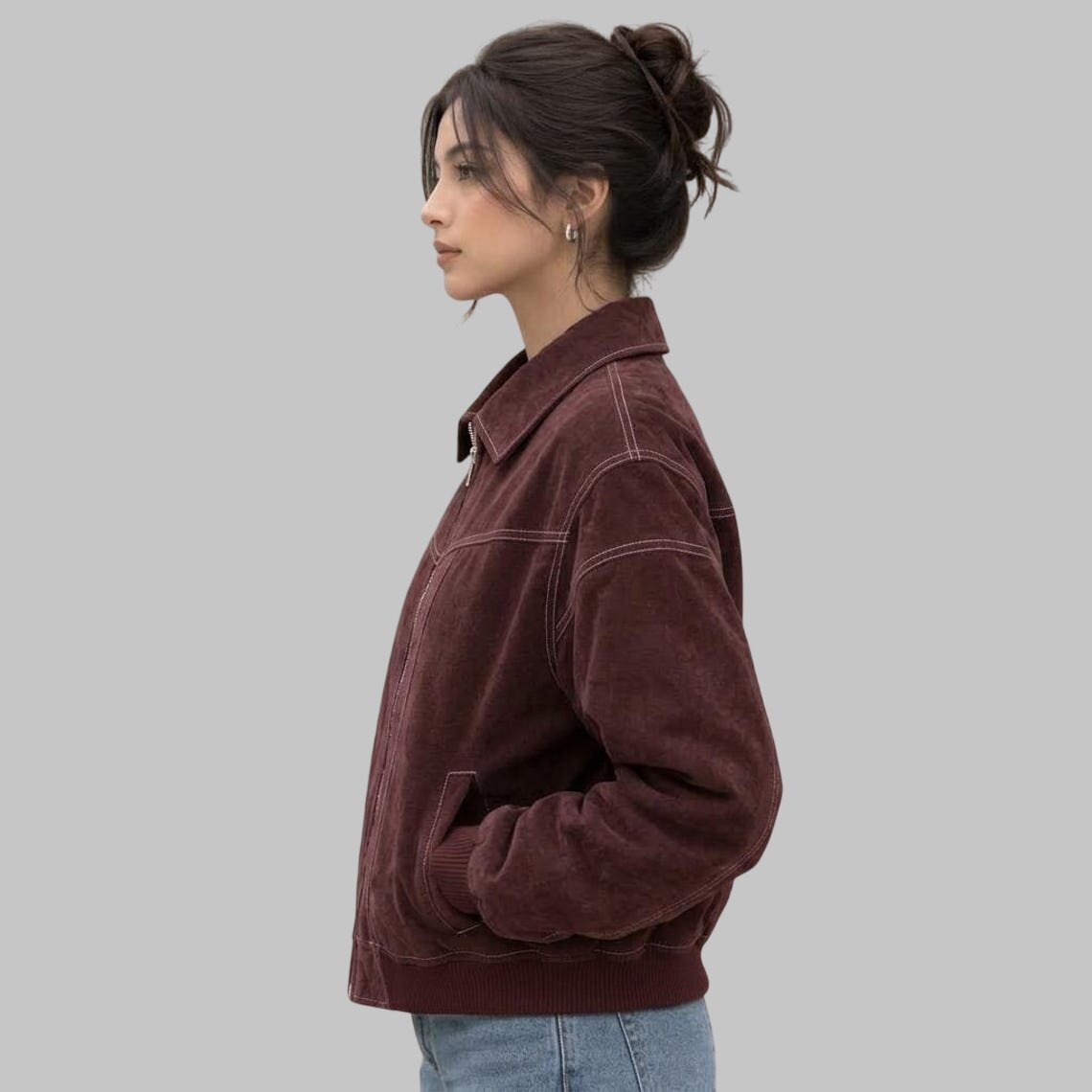Side View of Women Burgundy Suede Leather Bomber Jacket with Contrast Stitching