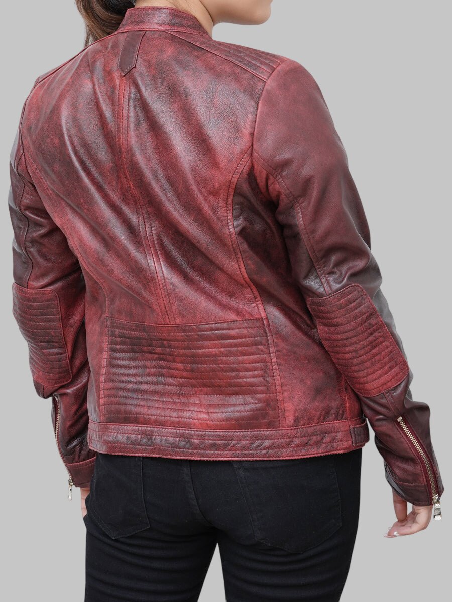 Women Distressed Maroon Leather Biker Jacket