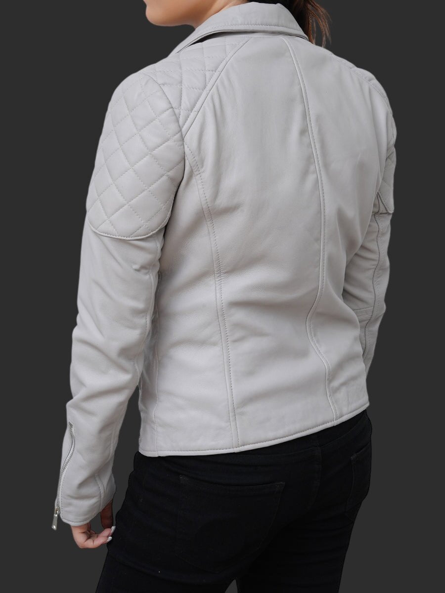 Women Quilted Grey Leather Biker Jacket