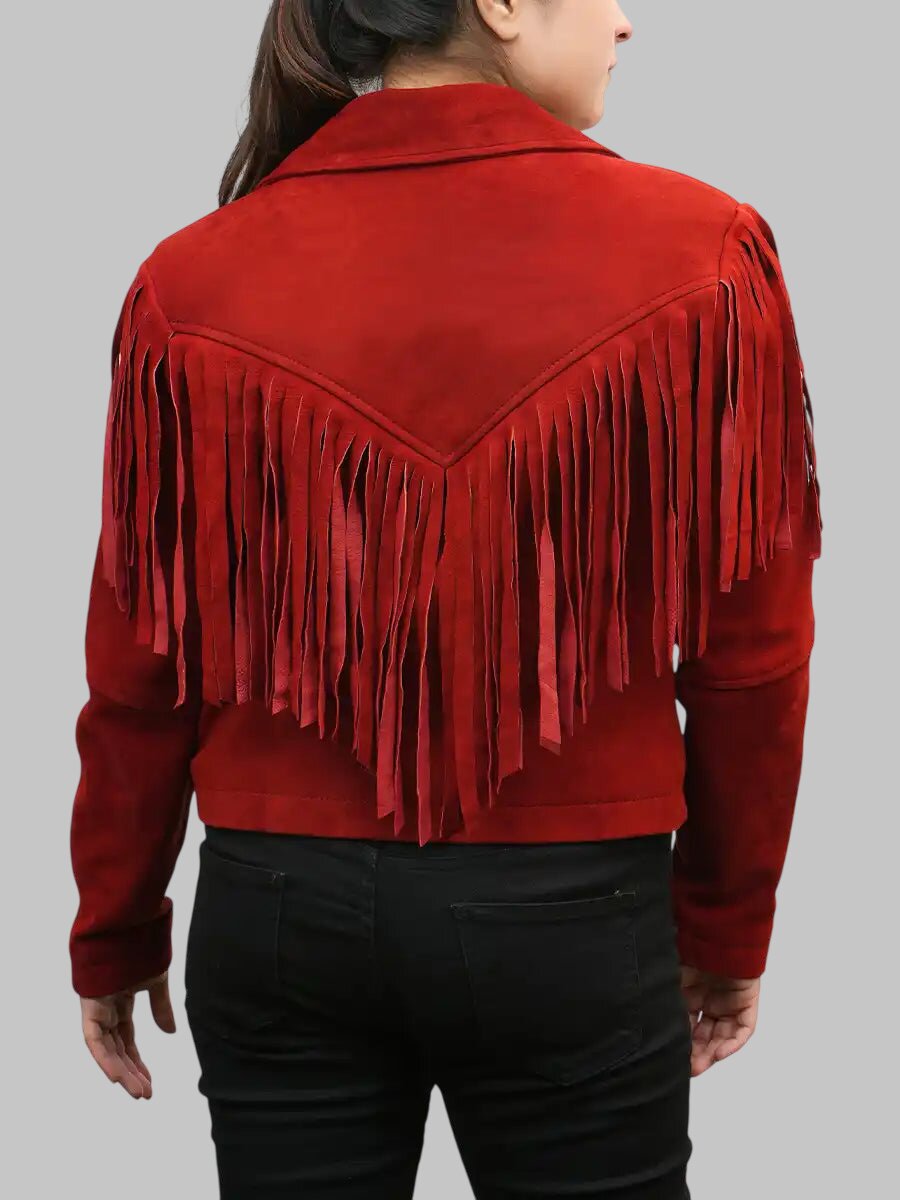 Women Red Suede Leather Fringed Jacket