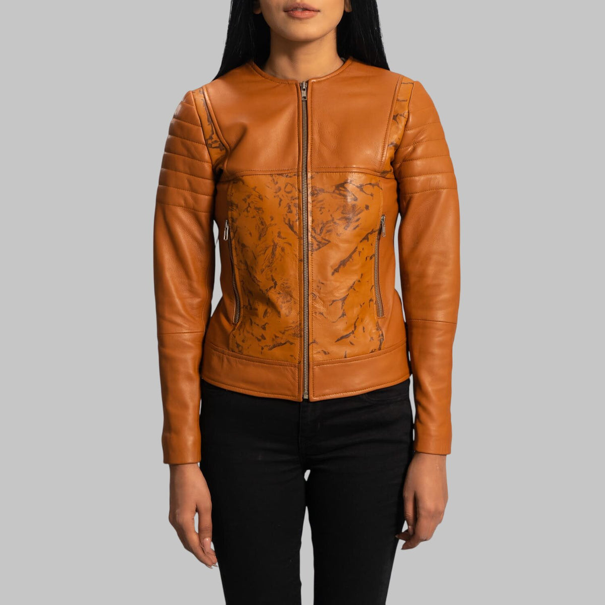 Women's Collarless Marble Print Tan Leather Jacket