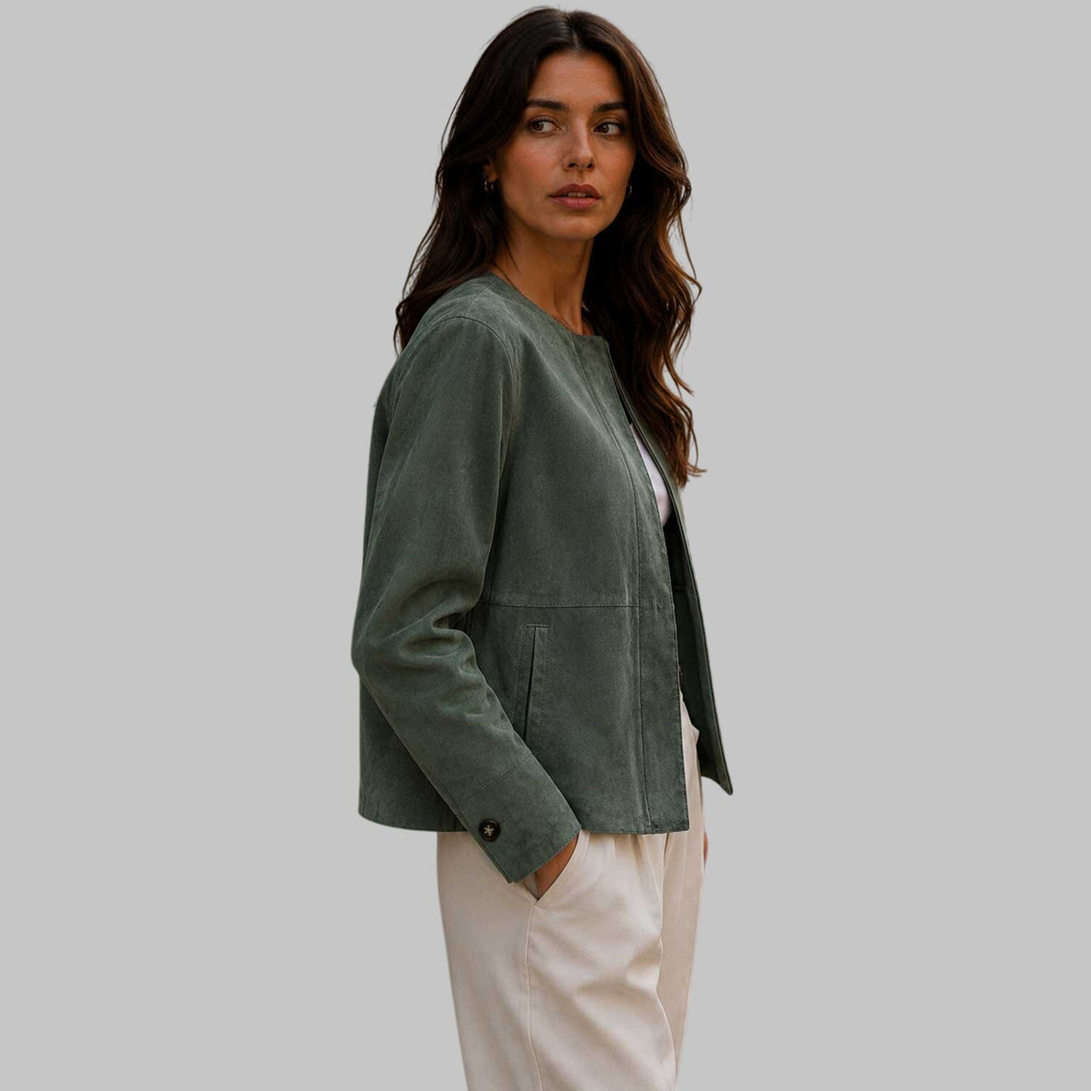 Women's Collarless Sage Green Suede Leather Jacket