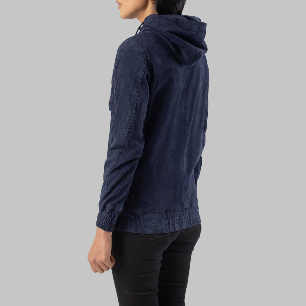 Women's Navy Blue Suede Leather Hooded Pullover Jacket