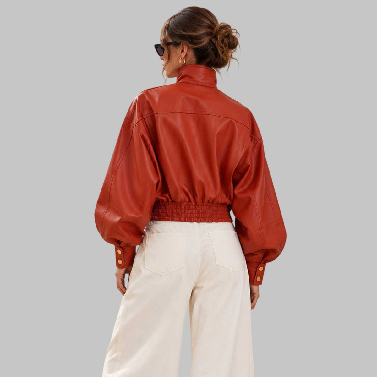 Women's Oversized Rust Orange Leather Bomber Jacket