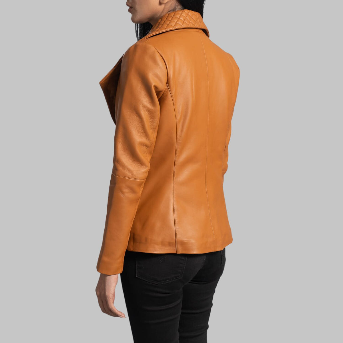 Women's Tan Leather Blazer with Quilted Wide Lapel