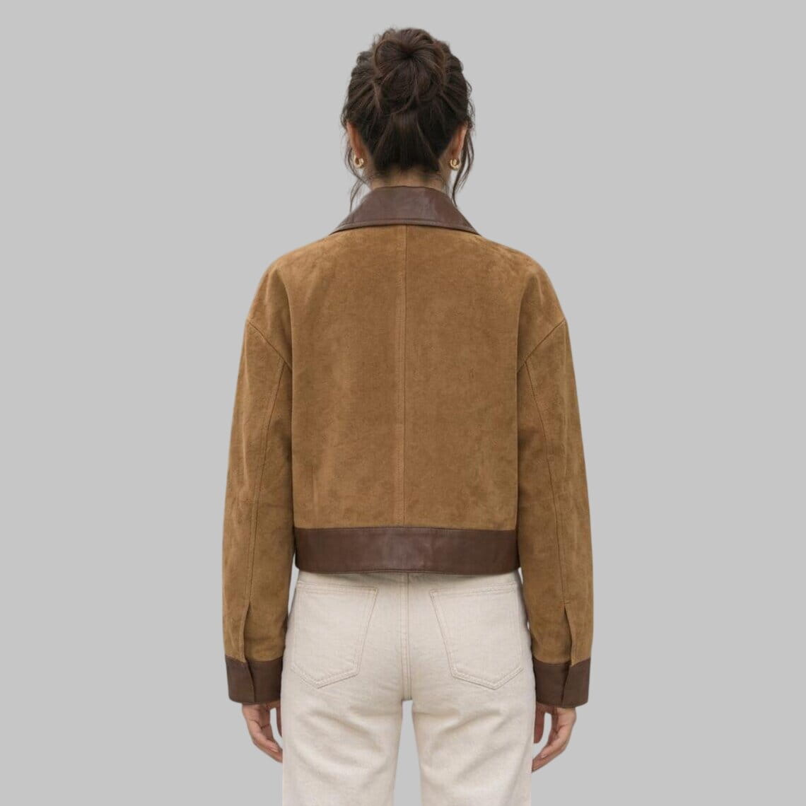 Women's Tan Suede Leather Jacket with Contrast Brown Leather Trim Back View
