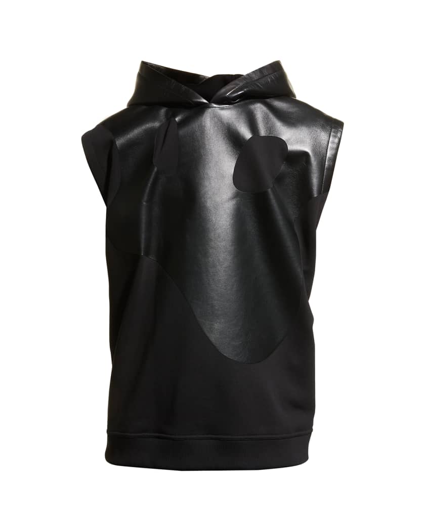 Men’s Black Hooded Genuine Leather T-Shirt With Cotton Panels