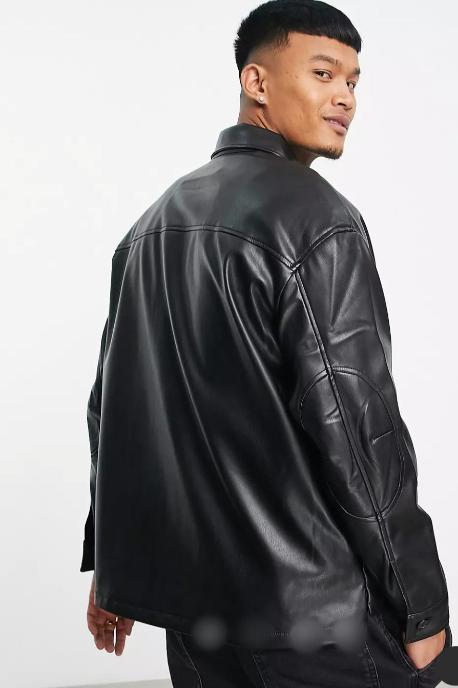 Men’s Black Sleek Trucker Leather Shirt