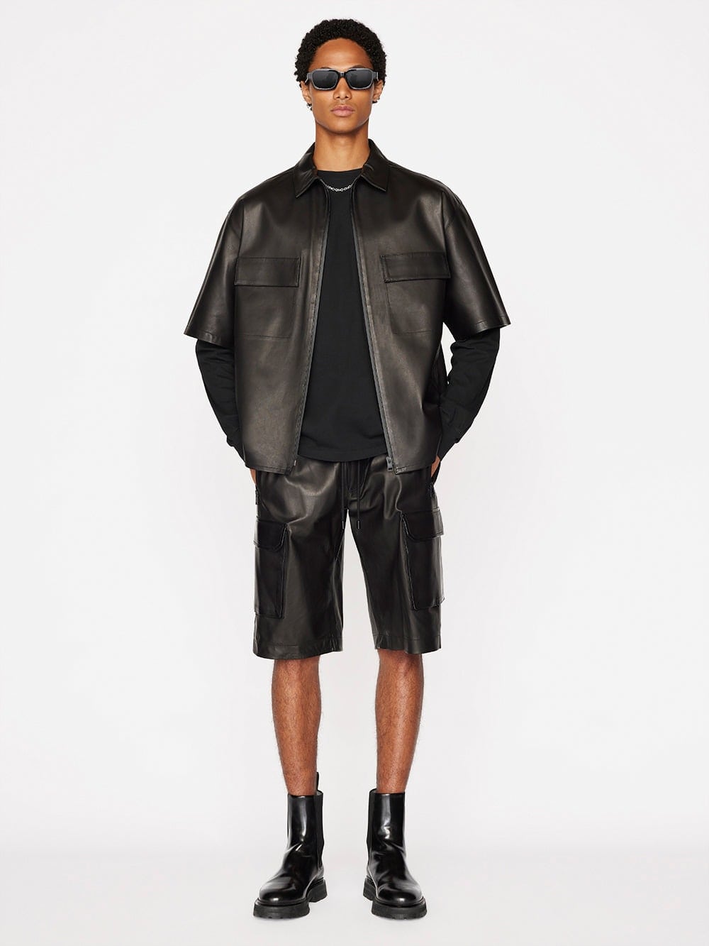 Men’s Half Sleeves Black Genuine Sheepskin Leather Shirt