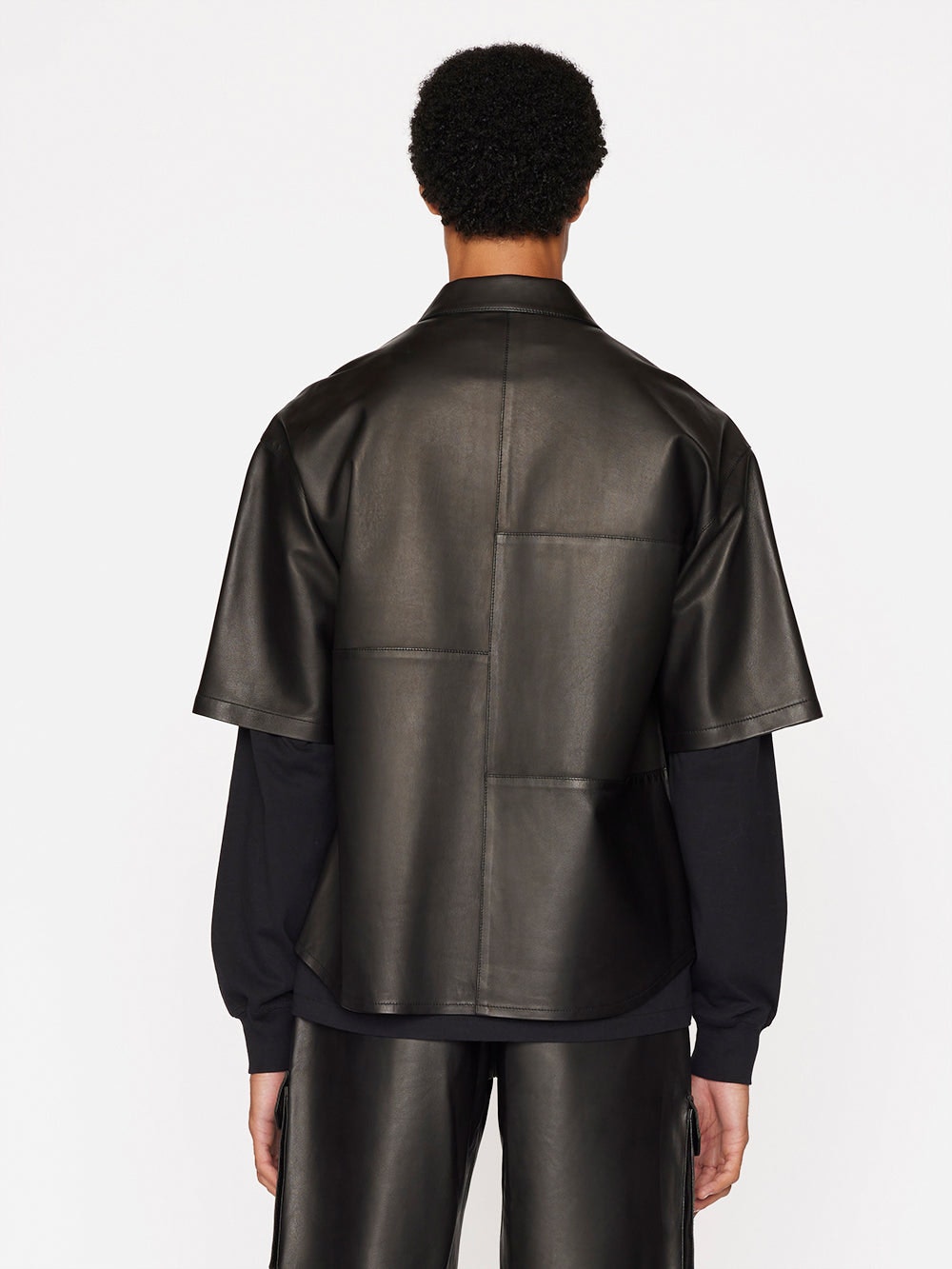 Men’s Half Sleeves Black Genuine Sheepskin Leather Shirt