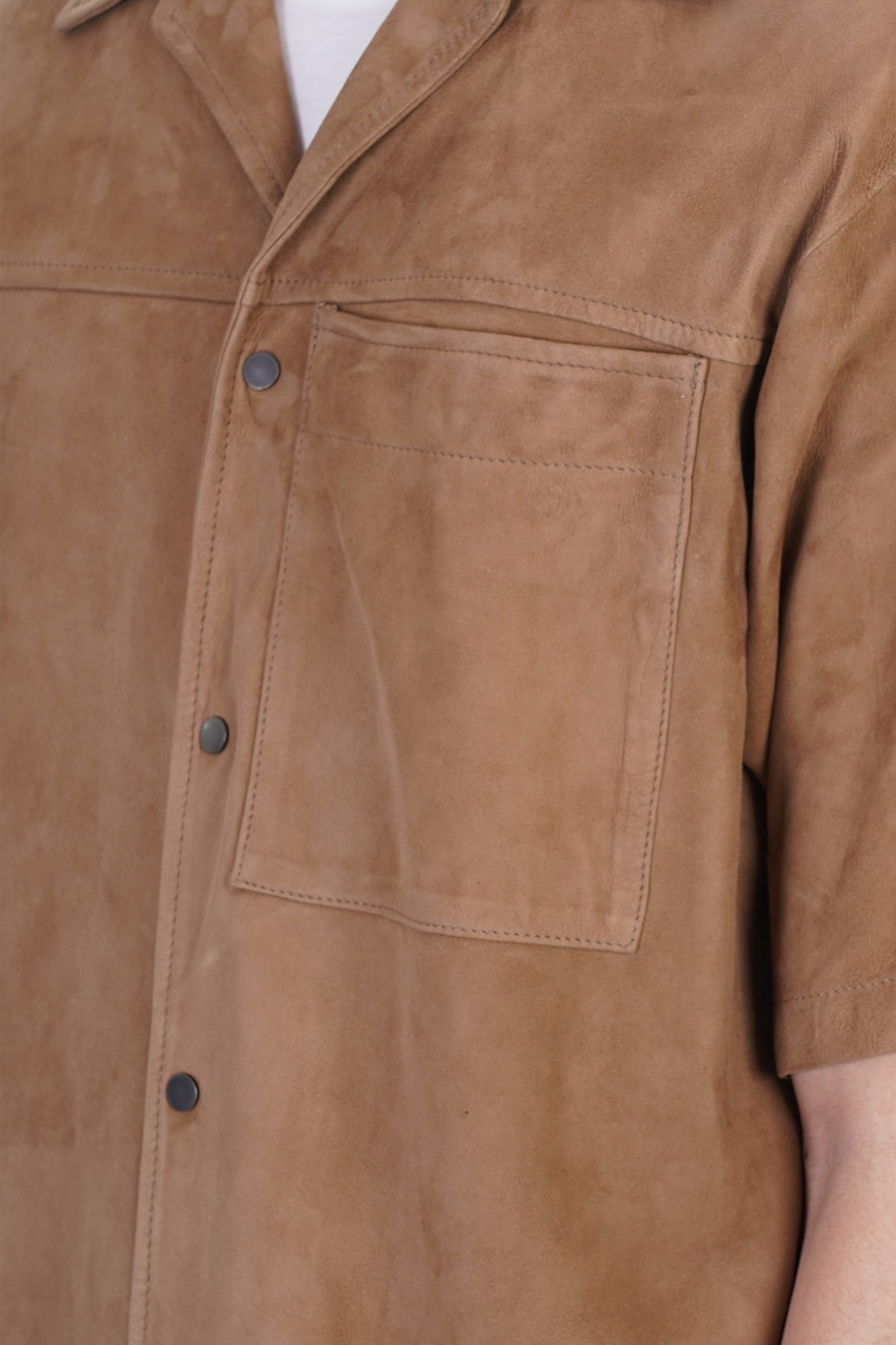 Men’s Half Sleeves Cream Brown Suede Leather Shirt