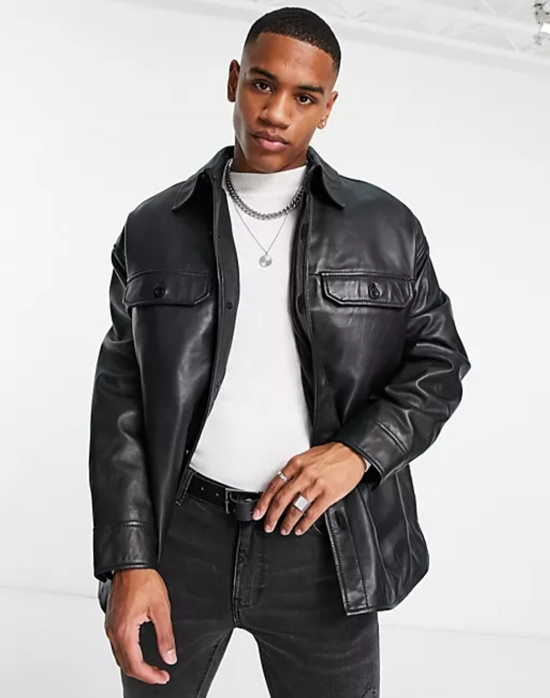 Men’s Oversized Black Trucker Leather Shirt