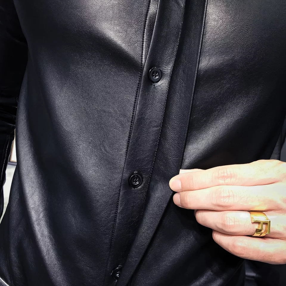 Men’s Slim Fit Black Sheepskin Leather Formal Shirt