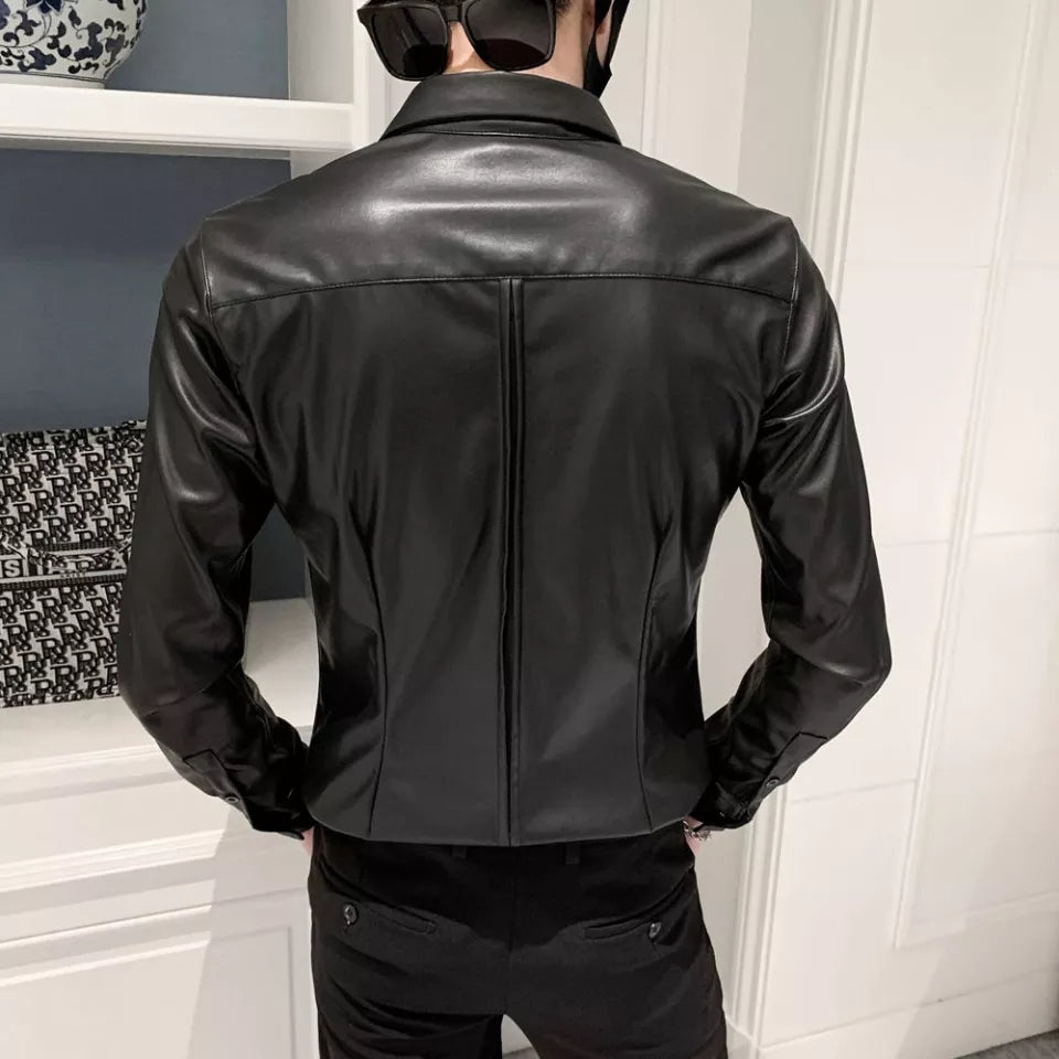 Men’s Slim Fit Black SheepSkin Leather Formal Shirt