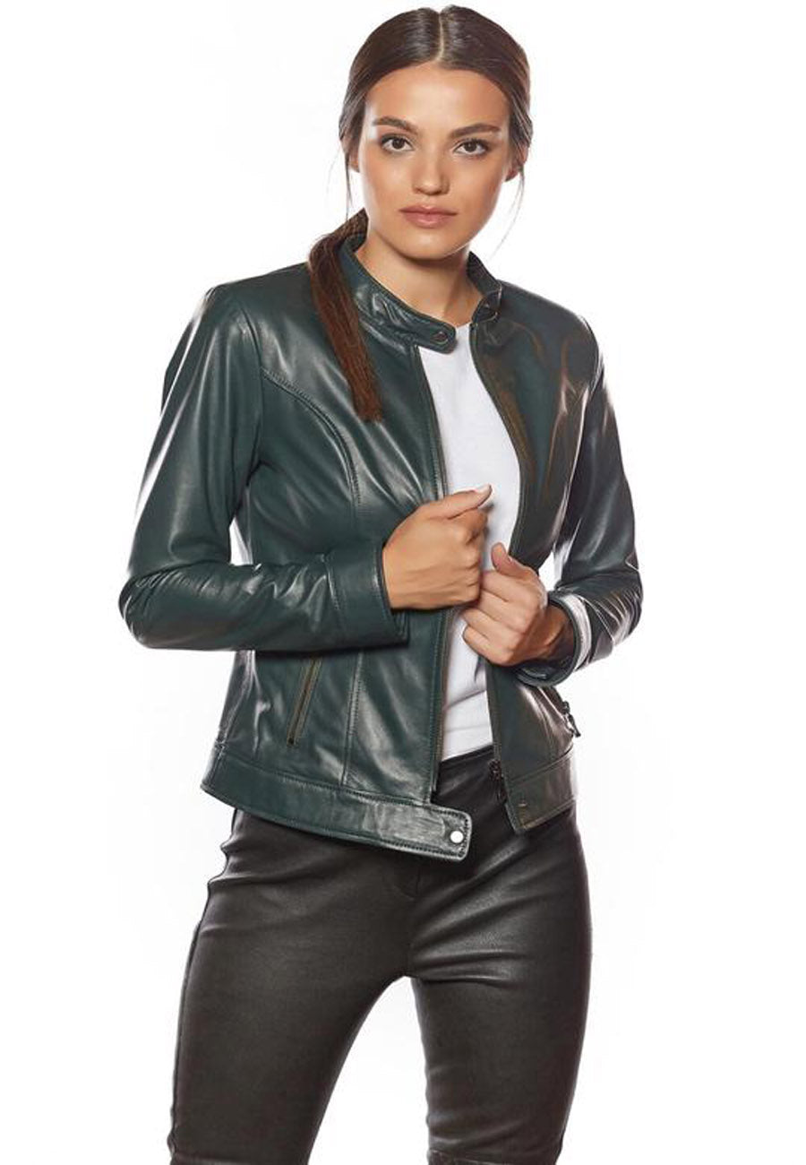 Women’s Green Leather Jacket Slim Fit