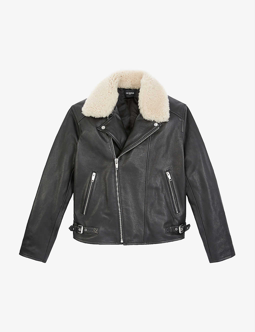 Men’s Black Leather Shearling Collared Jacket