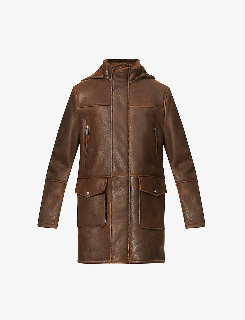 Men's Removable Hooded Brown Leather Shearling Trench Coat
