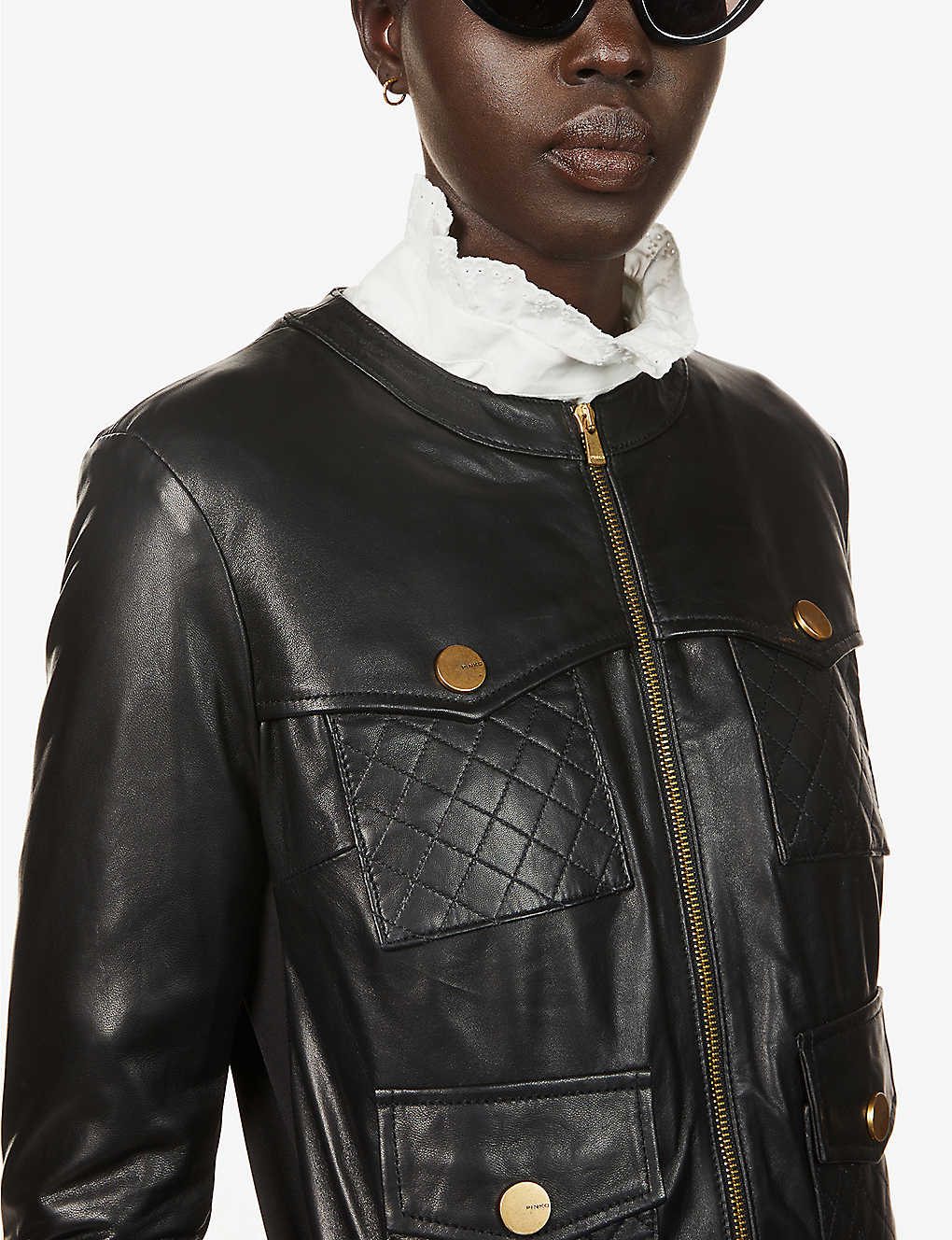 Women's Black Leather Jacket Golden Stud Buttons