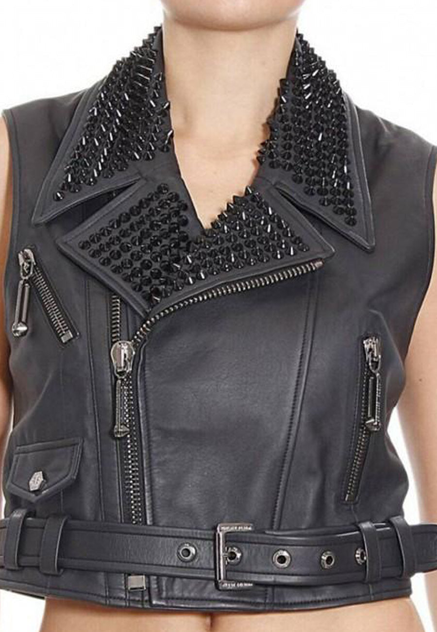 Women’s Black Leather Biker Punk Vest