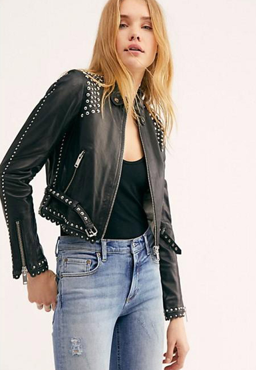 Women’s Black Leather Biker Punk Jacket