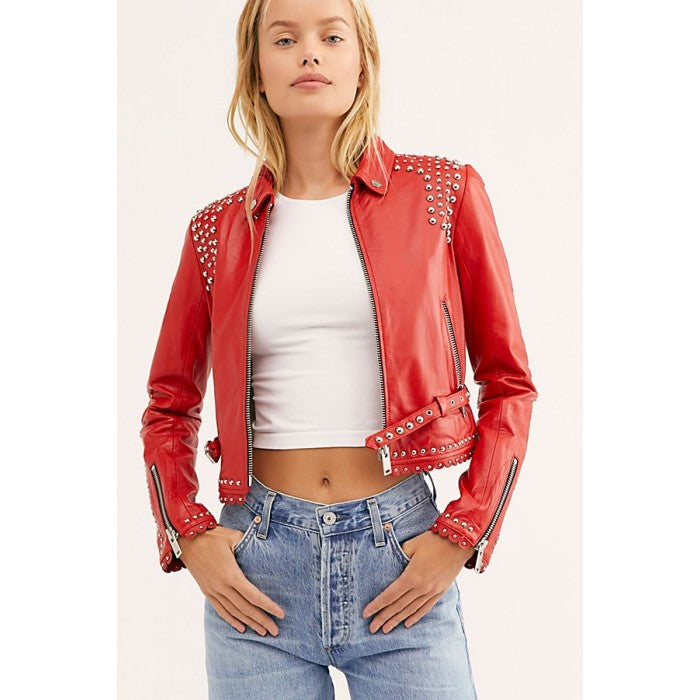Women's Red Leather Biker Punk Jacket