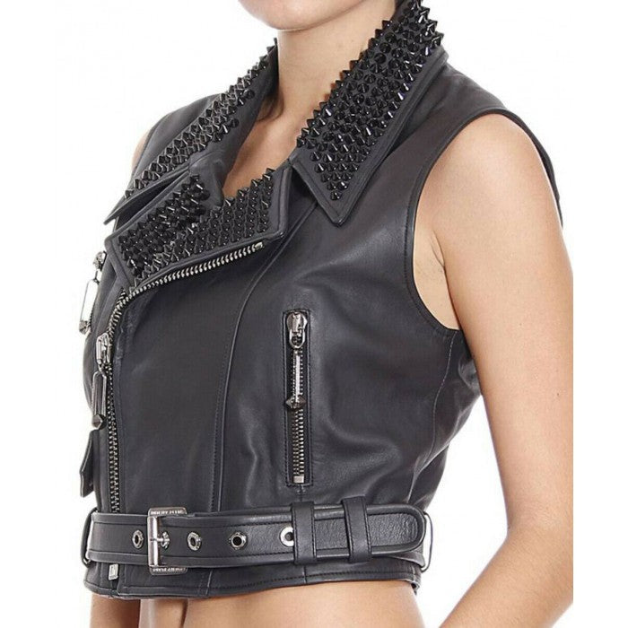 Women’s Black Leather Biker Punk Vest