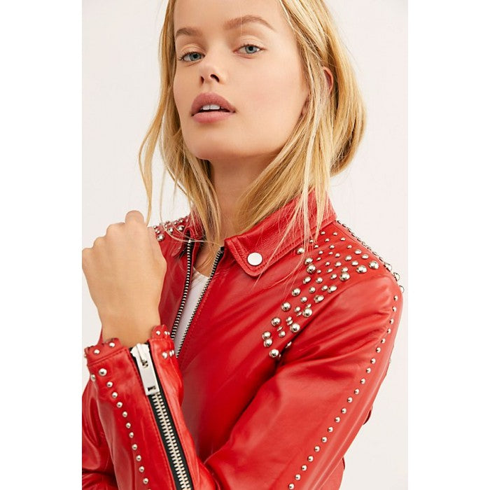 Women’s Red Leather Biker Punk Jacket