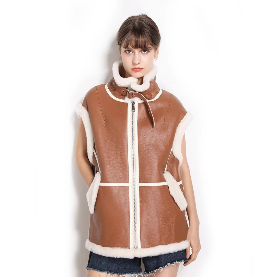 Women’s Camel Brown Leather Shearling Vest