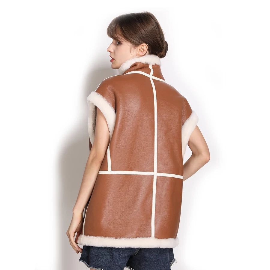 Women’s Camel Brown Leather Shearling Vest