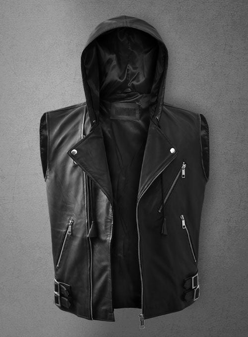Men’s Black Leather Biker Hooded Vest