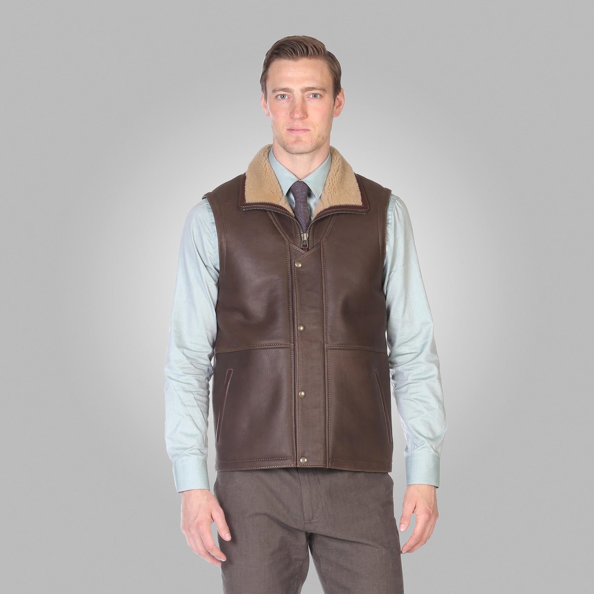Men’s Brown Leather Shearling Vest