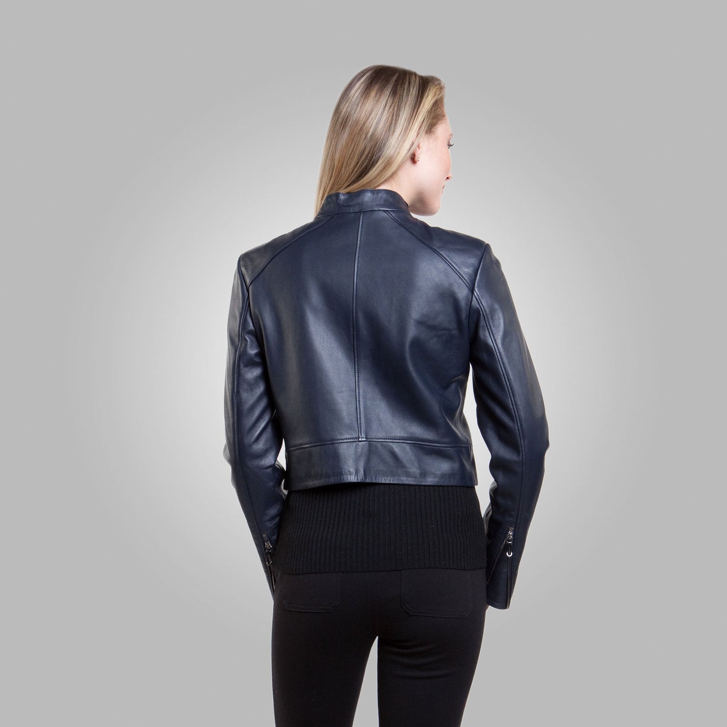 Women's Blue Leather Short Fit Jacket