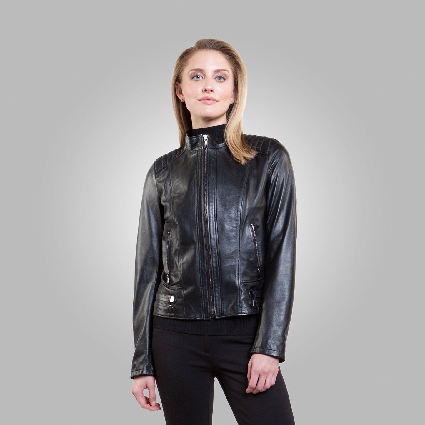 Women’s Black Leather Ban Collar Jacket