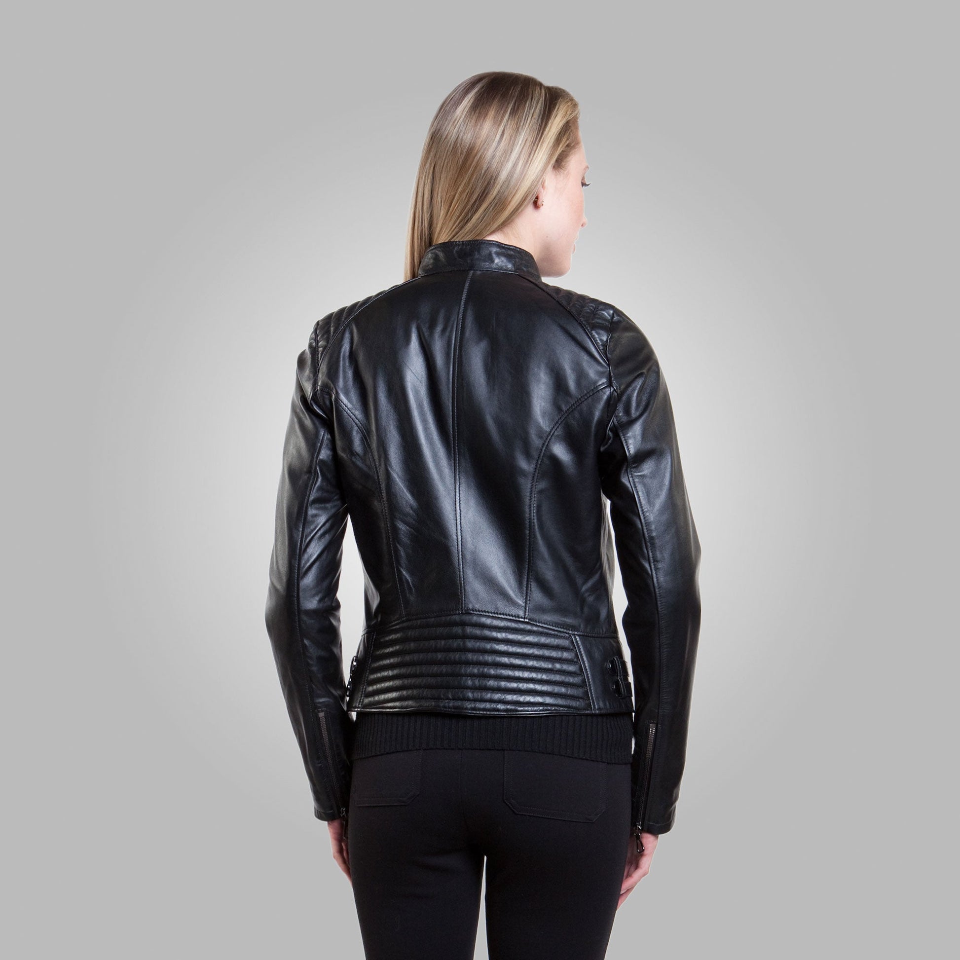 Women’s Black Leather Ban Collar Jacket