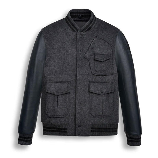Black Wool Varsity Bomber Leather Jacket For Men