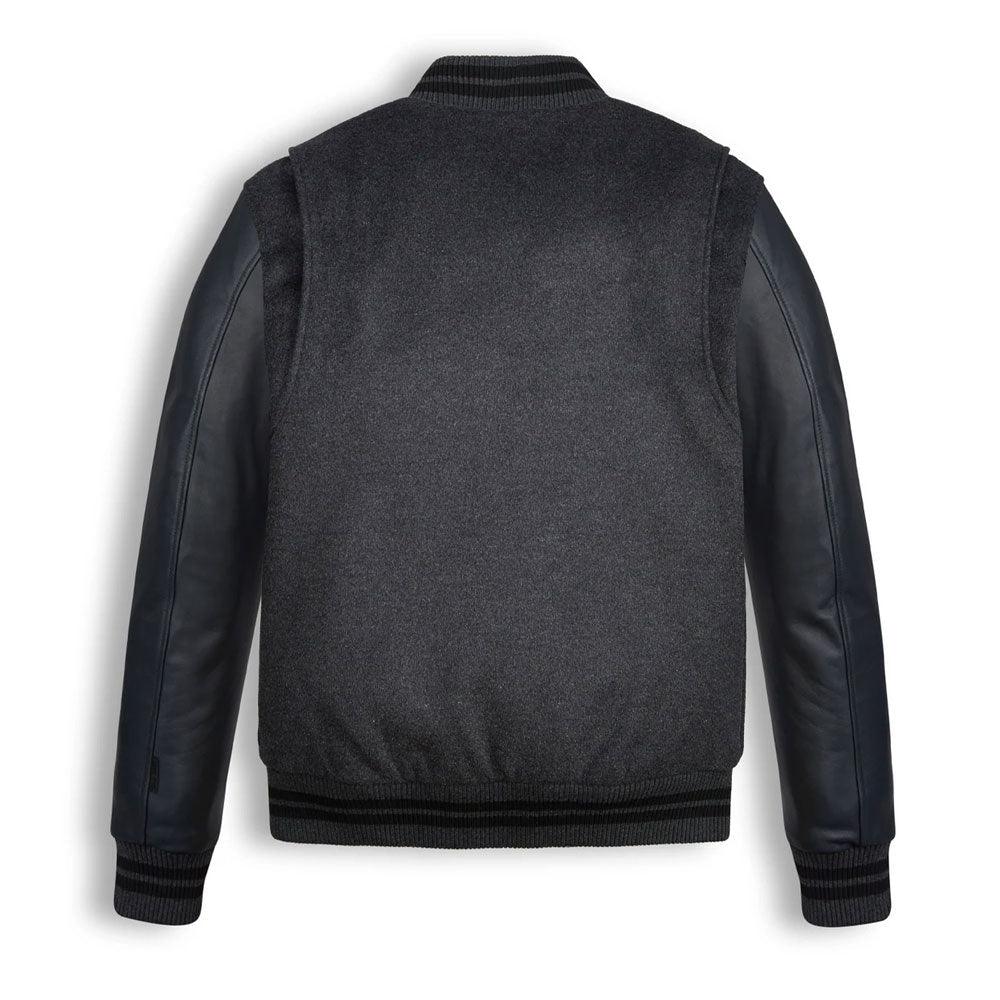 Black Wool Varsity Bomber Leather Jacket For Men