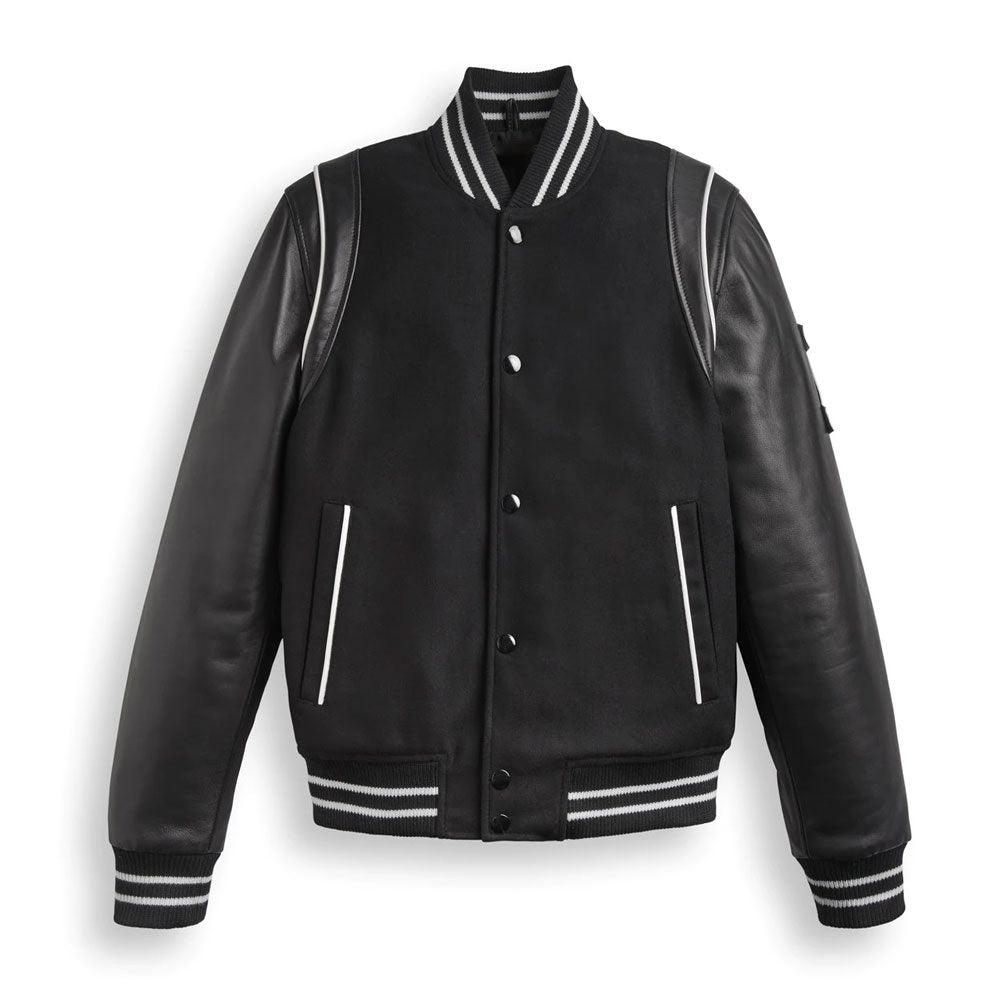 Men's Black Varsity Bomber Leather Jacket With Stripes