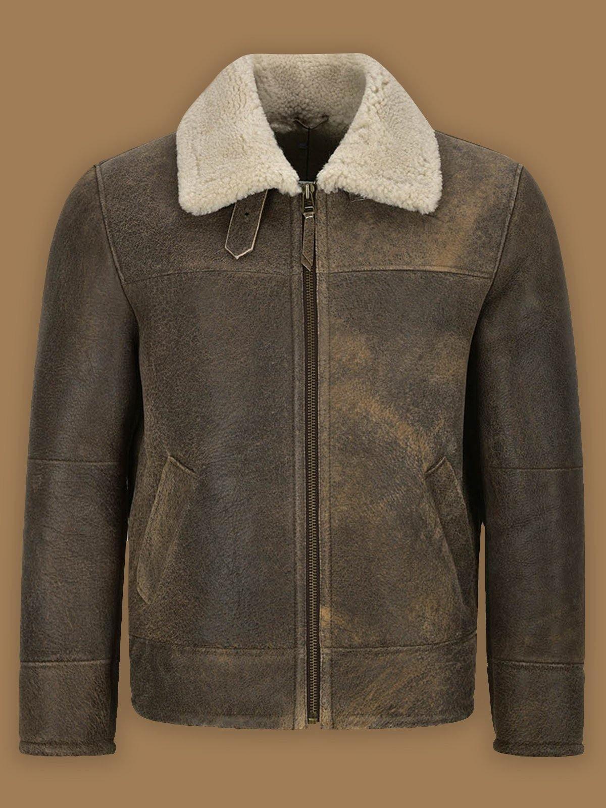 Men's Old Fashion Shearling Bomber Leather Jacket Brown