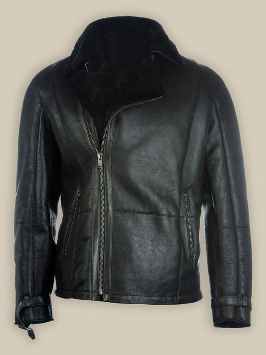 Pure Black B3 Shearling Bomber Leather Jacket For Men