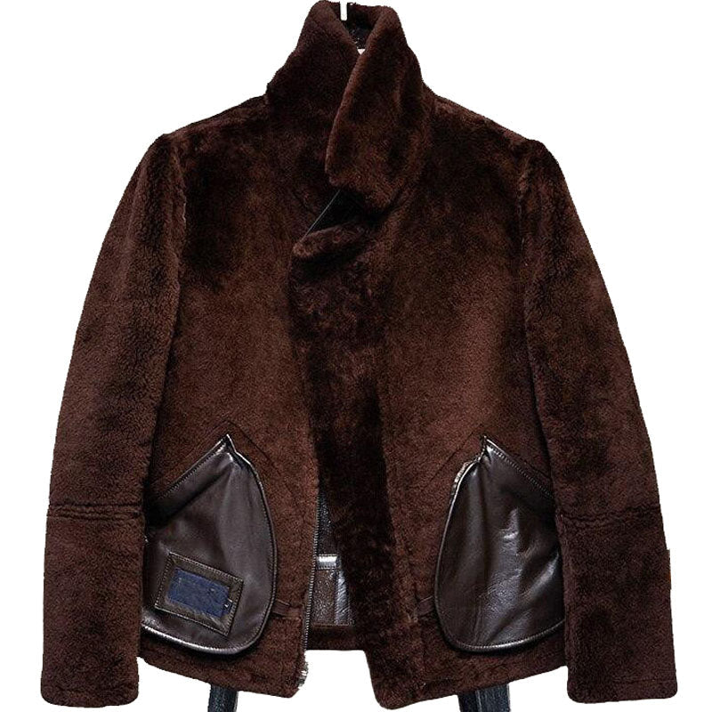 Men Brown Military Style Sheepskin Aviator Leather Coat