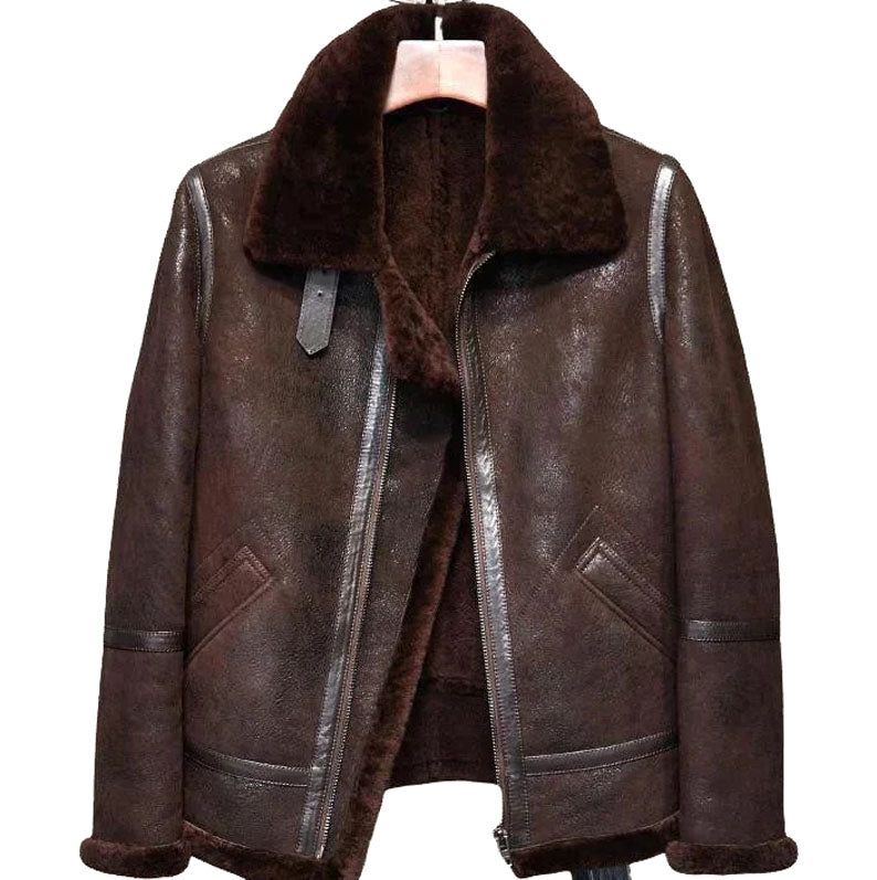Men Brown Military Style Sheepskin Aviator Leather Coat