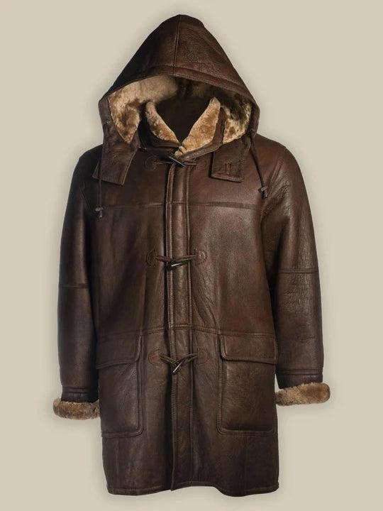 Men's Brown Shearling Bomber Hoodie Coat
