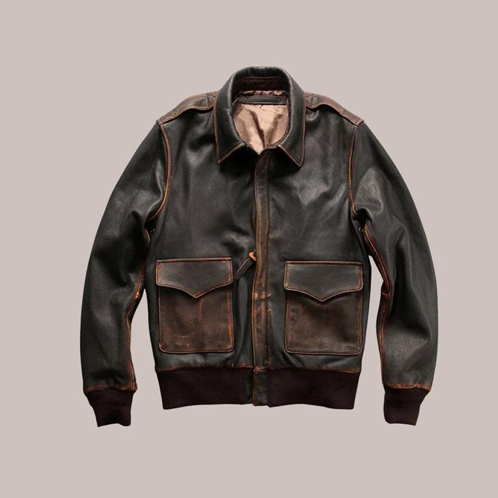 Men Distressed Brown Aviator A2 Military Pilot Leather Bomber Jacket