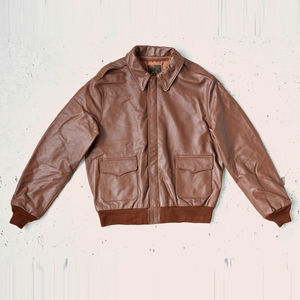 Men Lambskin Plain Brown A2 Leather Bomber Jacket