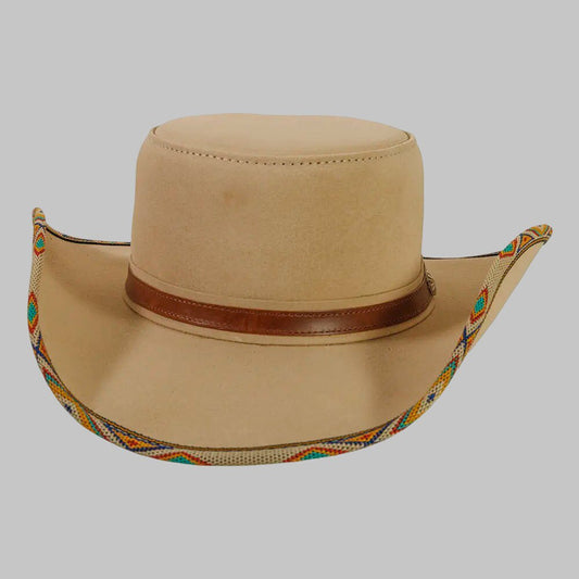Beige cowboy hat with decorative band on a gray background