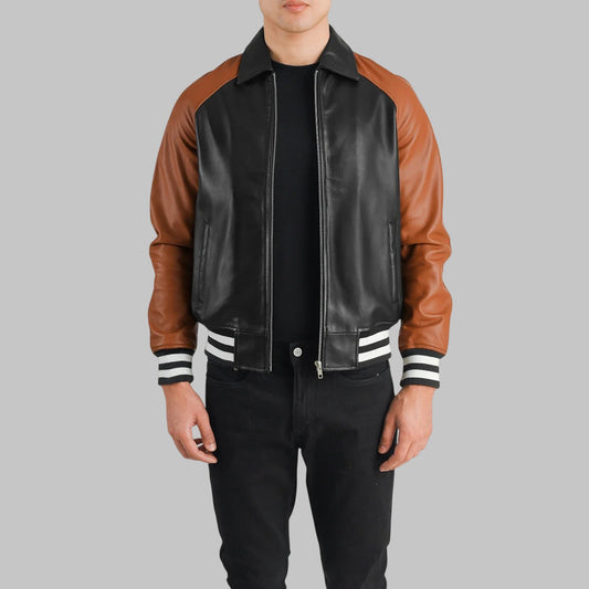 Men Black & Brown Leather Varsity Jacket