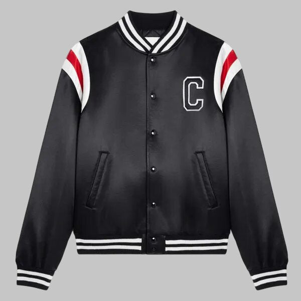 Men Black Celine Satin Bomber Varsity Jacket Kim Tae Hyung Style