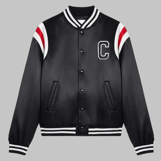 Men Black Celine Satin Bomber Varsity Jacket Kim Tae Hyung Style